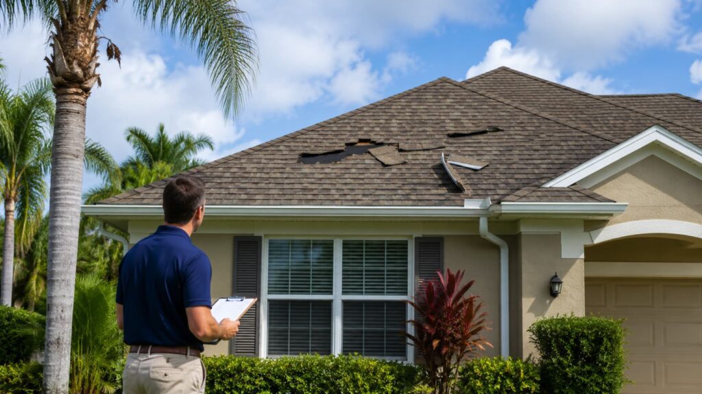 Hurricane claims adjuster inspecting minor wind damage to a Florida home
