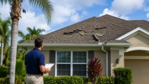 Hurricane claims adjuster inspecting minor wind damage to a Florida home